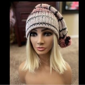 "Pom-Pom Party" Pink & Black Striped Stocking Cap